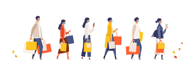Masked people carrying shopping bags at autumn. Man and woman taking part in seasonal sale at store, shop, mall on new normal lifestyle.