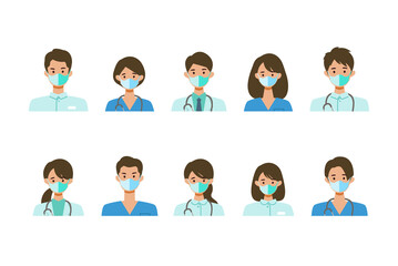 Masked healthcare staff in uniform. Different people faces set. Isolated vector illustration icons set in flat style.