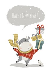 New Year 2021. Cheerful bull with gifts. new year greeting card.