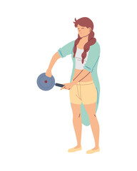 young woman cook with a pot in her hand on white background
