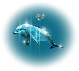 Unique Diamond Dolphin with glitter. And a gold diamond. 3d graph. Can be used as Logo, banner, poster, flyer, billboard, magazine cover. Vector.
