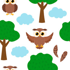 Cute owl trees clouds and feathers vector illustration