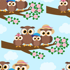 Seamless pattern Cute owls family sitting on a tree branch flowers vector illustration