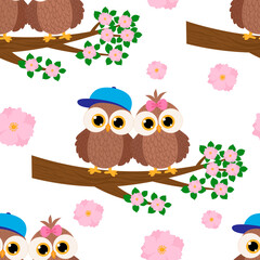 Seamless pattern Cute owls boy and girl on a tree branch vector illustration