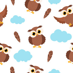 Cute owl clouds and feathers vector illustration