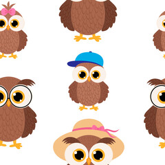 Seamless pattern Cute owls family vector illustration