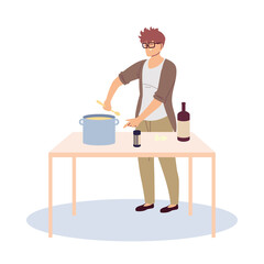 young man cooked a delicious soup in the kitchen