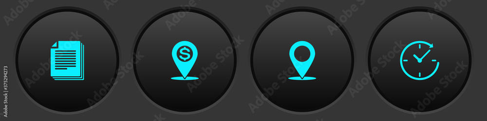 Aufkleber set document, cash location pin, map and clock with arrow icon. vector.