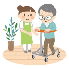 歩行器でリハビリ訓練をするシニア男性