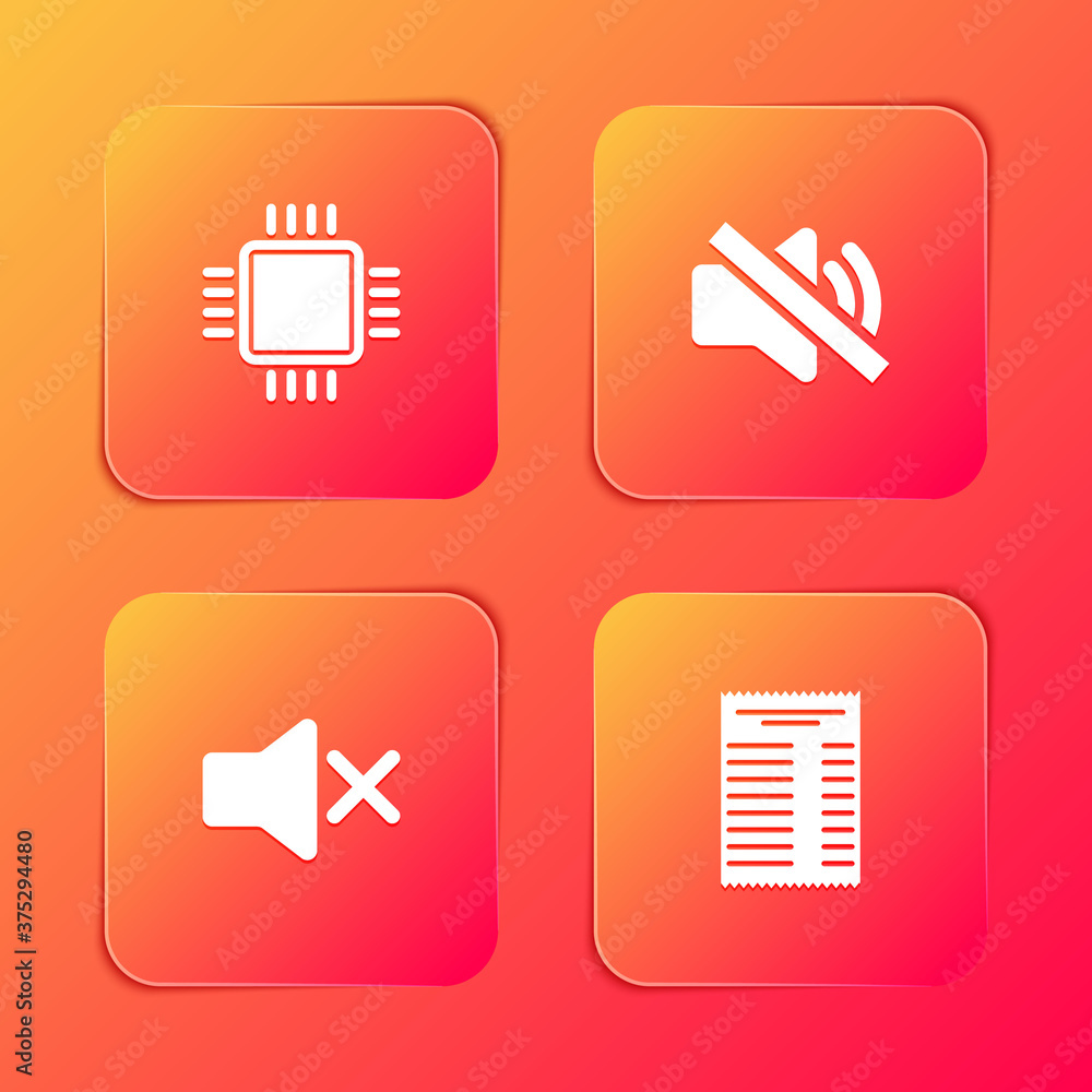 Poster set processor with cpu, speaker mute, and paper financial check icon. vector.