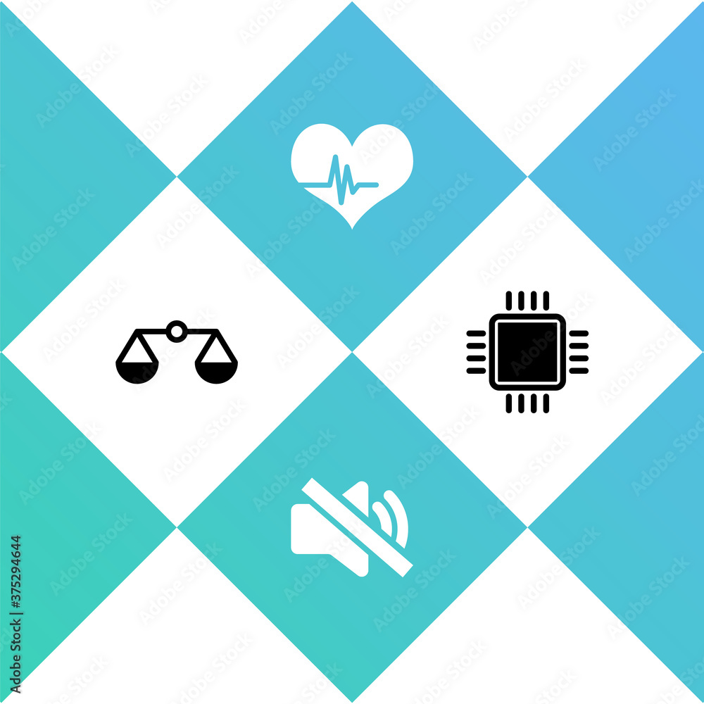 Poster set scales of justice, speaker mute, heart rate and processor with cpu icon. vector.