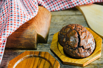 Chocolate brownie cookies in plate on wood table,Delicious homemade
