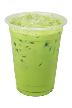 Realistic plastic cup on white background. Isolated Mock up Cold beaverage di cut with cliping path. Template block with blank space. Iced Matcha green tea with white milk and ice cubes.