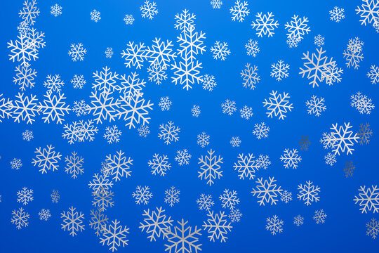 3d illustration of many snowflakes of different sizes and shapes on a blue background. Winter snowflake pattern
