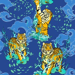 tiger walking and tiger jumping in paradise Chinese illustration doodle tattoo decorate with cloud and thunder lighting with blue green color tone seamless pattern vector background for digital print