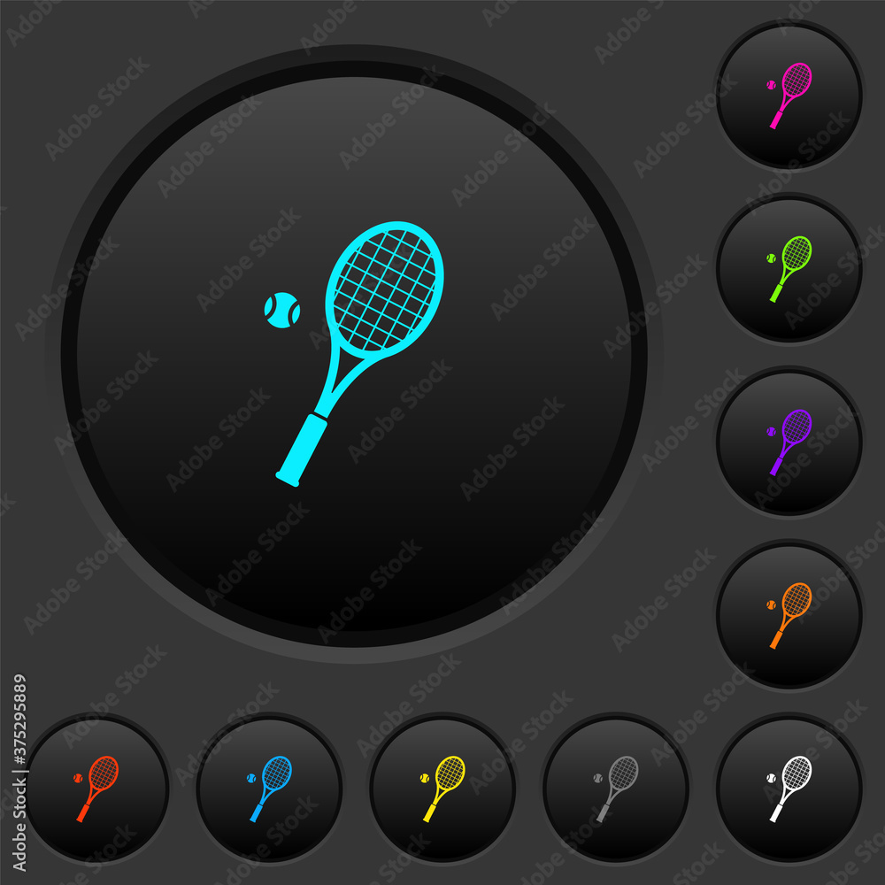 Poster tennis racket with ball dark push buttons with color icons