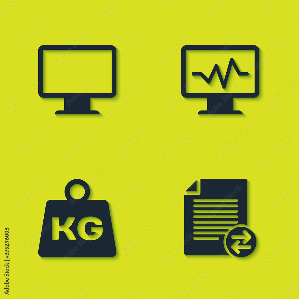 Poster set computer monitor screen, transfer files, weight and monitor with cardiogram icon. vector.