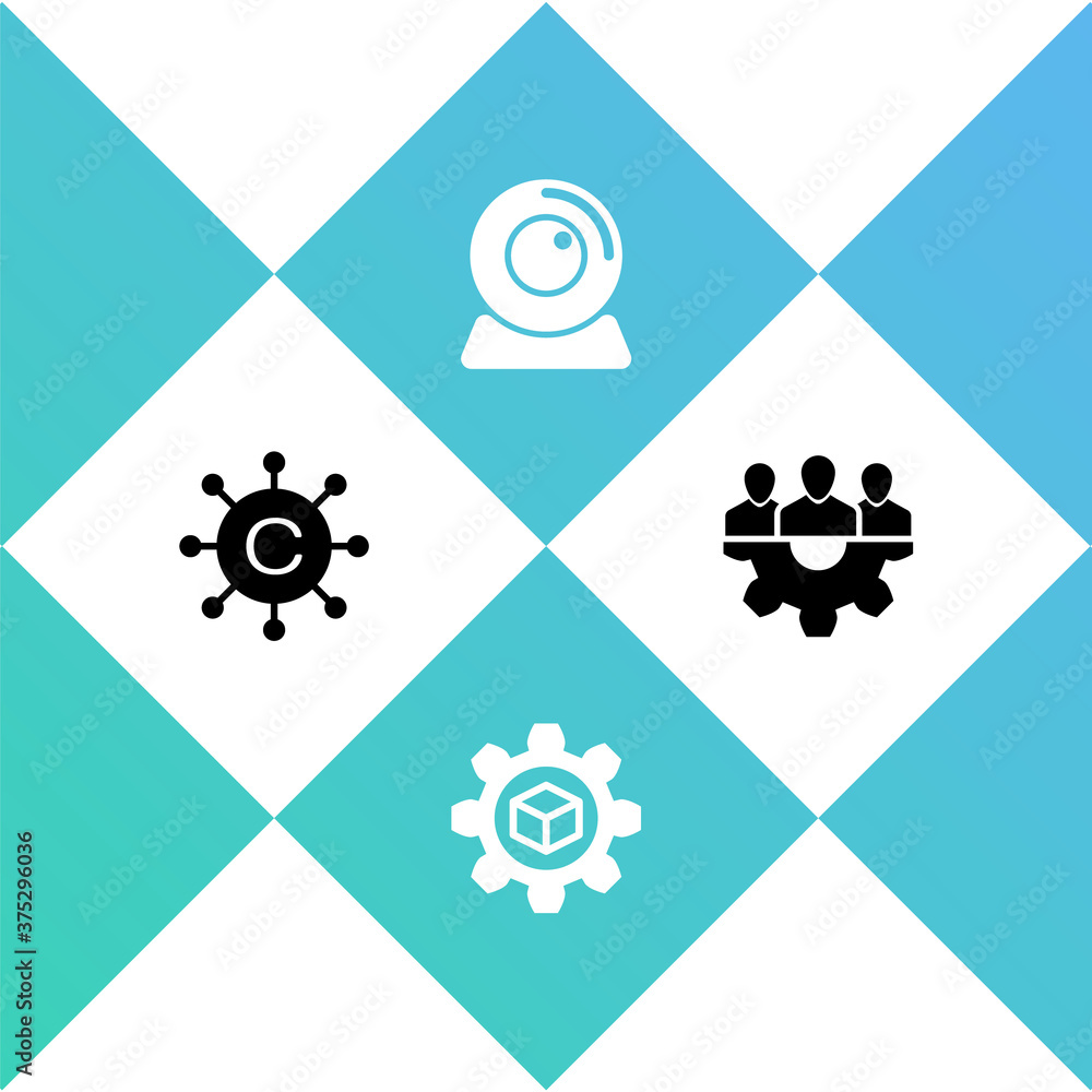 Poster set copywriting network, product development, web camera and project team base icon. vector.