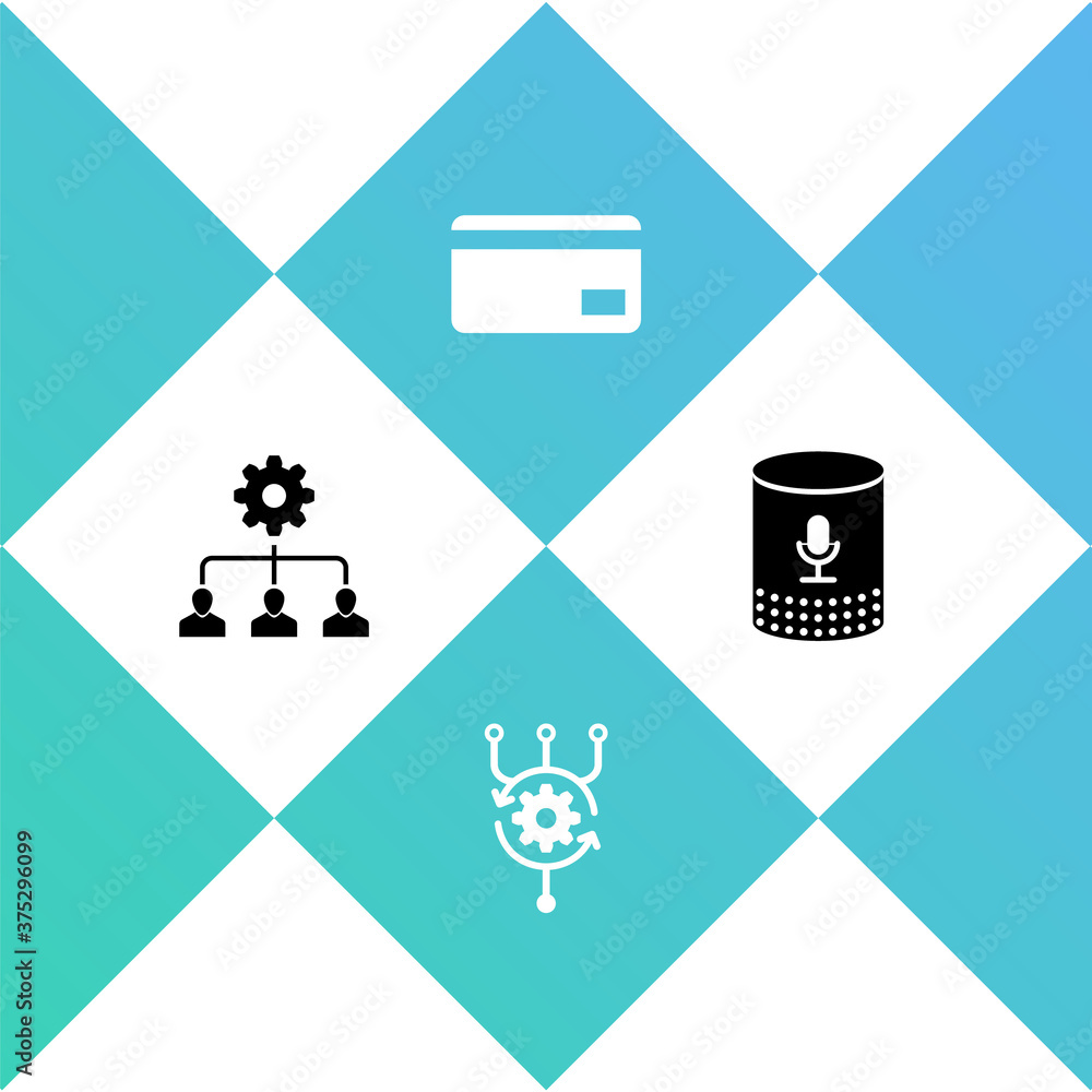 Poster set lead management, algorithm, credit card and voice assistant icon. vector.