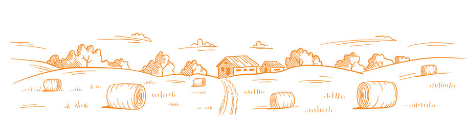Mown straw grass. Rural landscape. Village field road. Hand drawn sketch. Countryside. Contour vector line. Horizontal banner background.