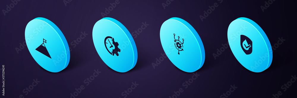 Poster set isometric waterproof, algorithm, clock and gear and mountains flag icon. vector.