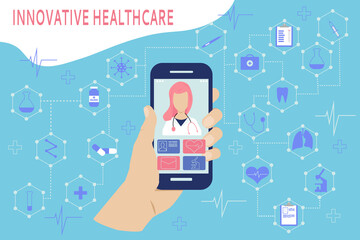 Video of a user calling a doctor using a healthcare app on a smartphone and professional online medical consultation. Innovative healthcare concept, doctor in a virtual environment.