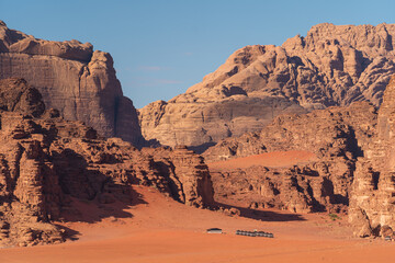 Beautiful landscape of mountains and red desert in Wadi Rum desert, Jordan, Arab