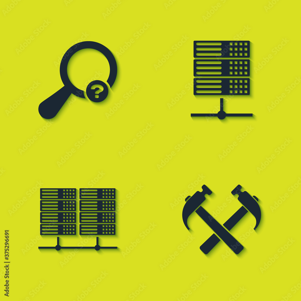 Poster set unknown search, two crossed hammers, server, data, web hosting and icon. vector.