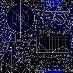 Math endless scientific seamless background with handwritten formulas, figures and calculations over space stars