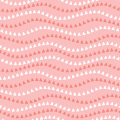 Triangle wave pattern. Cute vector seamless repeat pattern of pink and white triangles in a wavy stripes. Fun design background element.