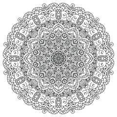 Circular pattern in form of mandala for Henna, Mehndi, tattoo, decoration. Beautiful relaxation black and white ornament. Coloring book page.	