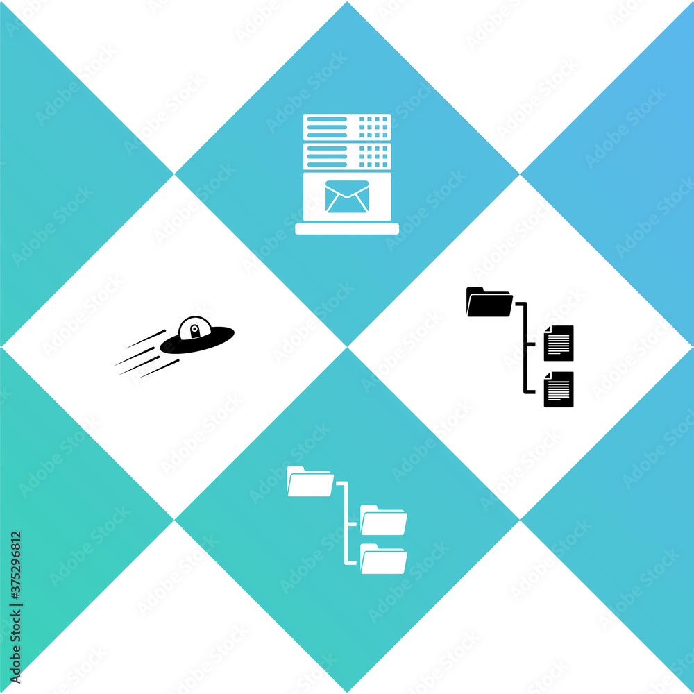 Aufkleber set ufo flying spaceship and alien, folder tree, mail server and icon. vector.