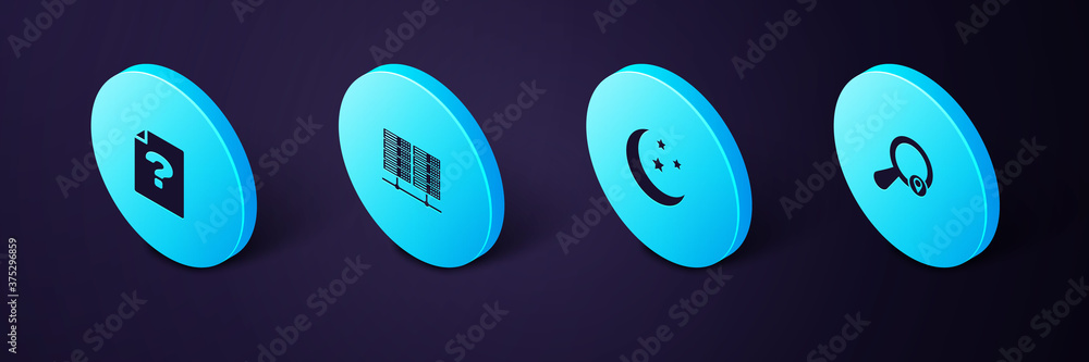 Aufkleber set isometric search location, moon and stars, server, data, web hosting and unknown document icon. 
