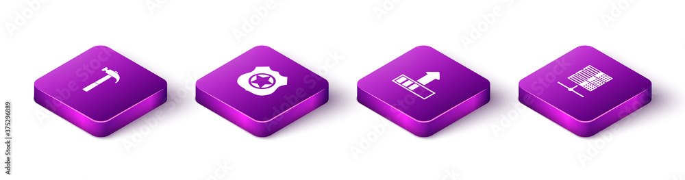 Aufkleber set isometric hammer, police badge, loading and server, data, web hosting icon. vector.
