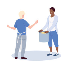 young men cooking with apron and a pot