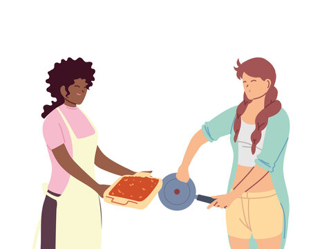 young women cooking with apron and a pot