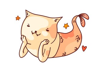 Fantasy mermaid cat. Isolated funny mermaid cat fish cartoon character sketch drawing. Vector cute smiling fantasy animal decorative doodle art