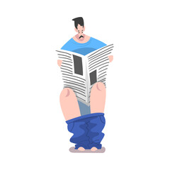 Man Sitting on Toilet Bowl and Reading Newspaper, Daily Routine Hygienic Procedure Cartoon Style Vector Illustration