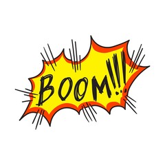 Boom word in speech bubble. Isolated comic burst sound cartoon speech bubble icon with text. Vector explosion effect design element