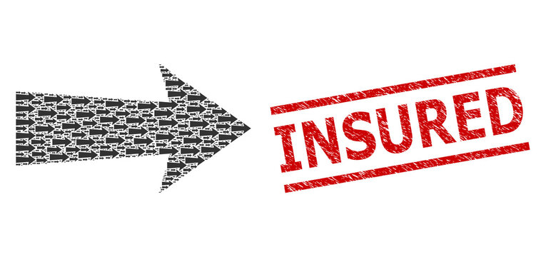 Fractal mosaic arrow right and Insured textured seal. Vector mosaic is organized from scattered arrow right icons. Seal includes Insured title between parallel lines.