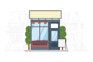 Street market. Small street market building exterior facade with bench on cityscape architecture silhouette. Shop front vector illustration