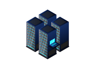 Data center or storage concept based isometric design with local servers connected to cloud servers and laptop on shiny blue background.