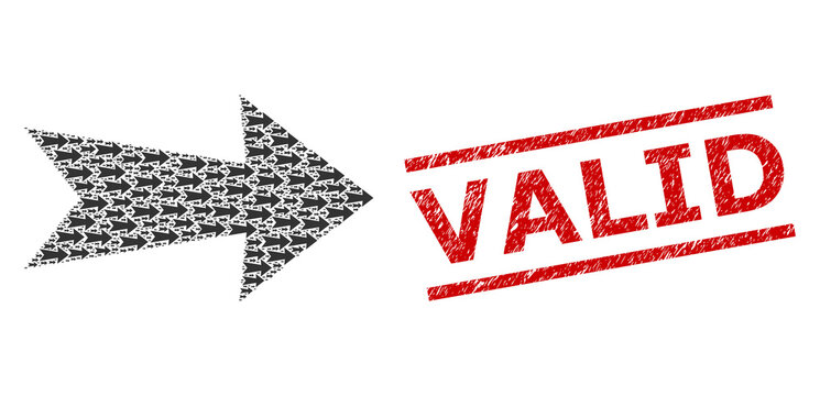 Fractal collage arrow right and Valid grunge stamp. Vector collage is designed with scattered arrow right elements. Stamp seal includes Valid title between parallel lines.
