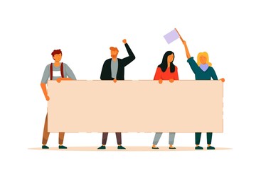 People activist. Man and woman group holding big blank protest banner manifestation together. Vector activist with placard politic parade demonstration. Personalization rights protection illustration