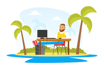 Office Worker Using Computer at Workplace on Background of Tropical Island, Workspace Interior, Freelance, E-learning, Remote Work Concept Flat Vector Illustration