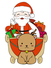 プレゼントがつまったトナカイのソリに乗っているサンタクロース