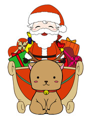 プレゼントがつまったトナカイのソリに乗っているサンタクロース