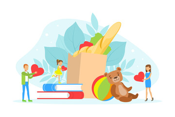 Tiny People Donating Food Products, Toys and Books for Charity, Volunteering and Charity Concept Flat Vector Illustration