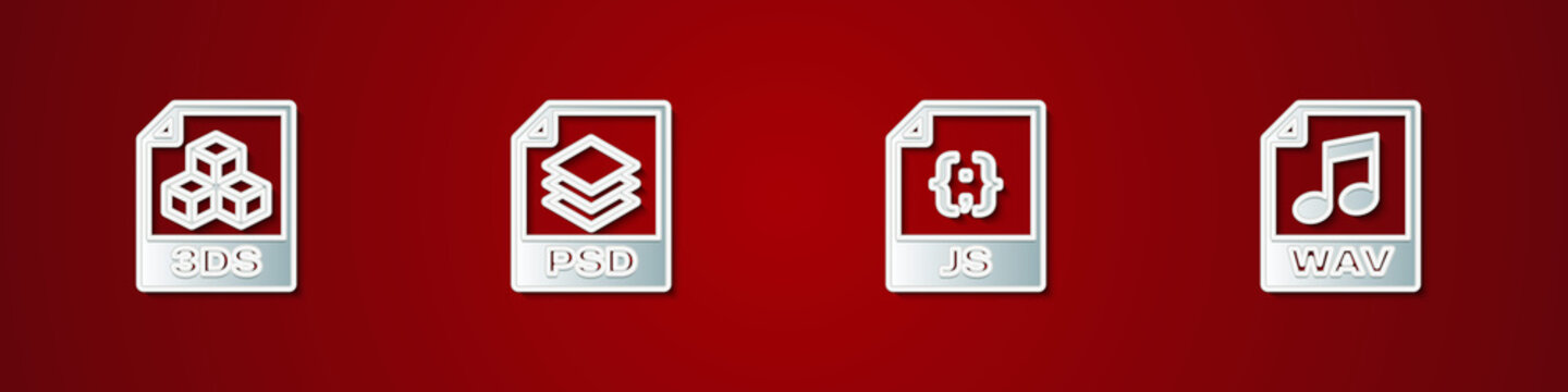 Set 3DS file document, PSD, JS and WAV icon. Vector.