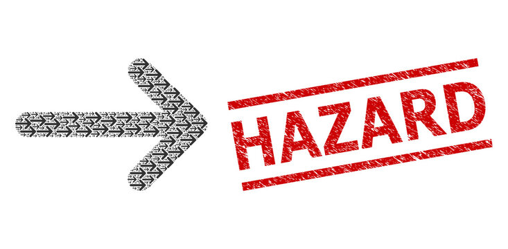 Recursive combination arrow right and Hazard scratched seal. Vector collage is done of recursive arrow right items. Stamp seal includes Hazard title between parallel lines.